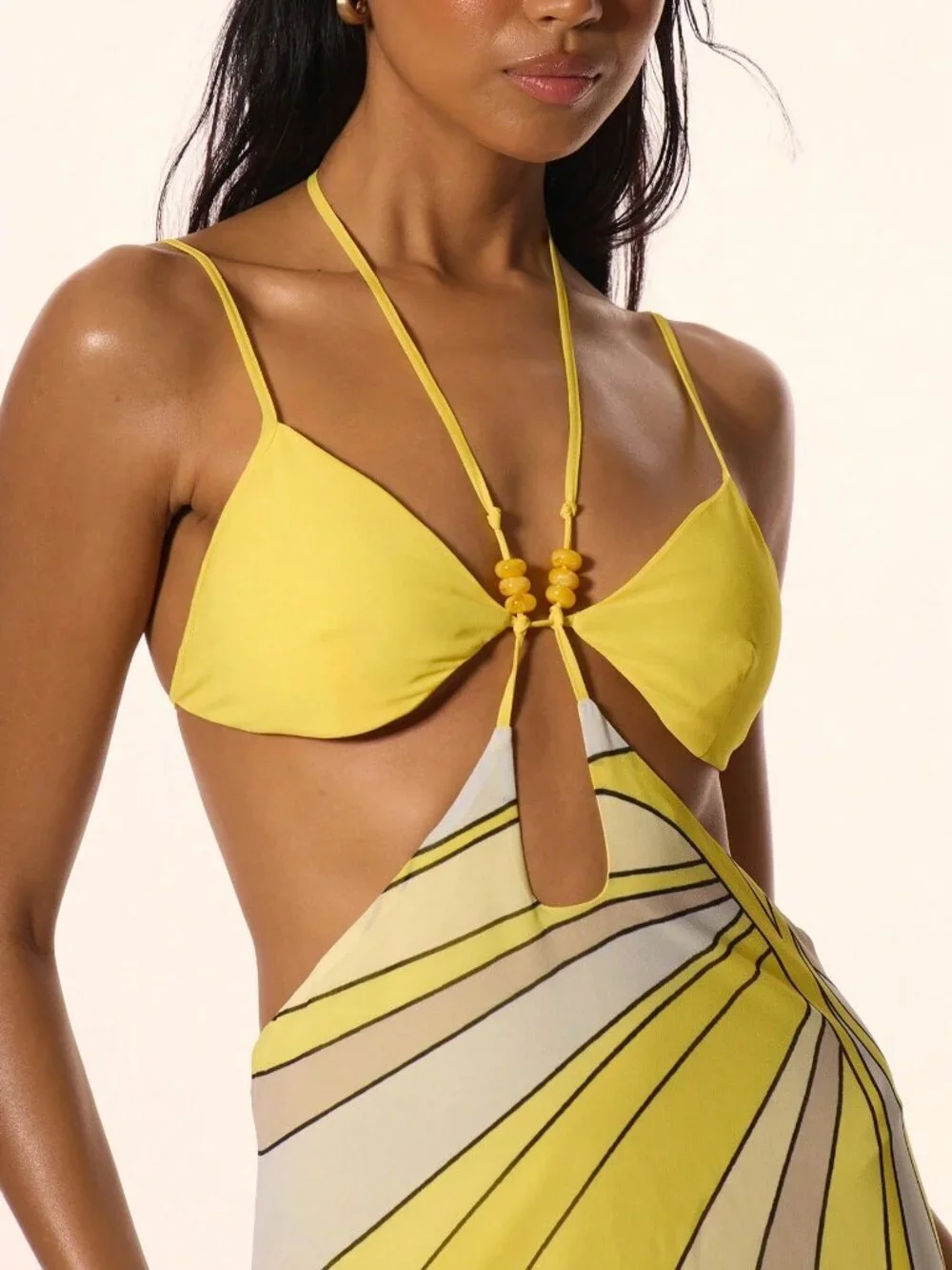 Yellow Women's Strappy Halterneck Cut Out Front Printed Mini Dress